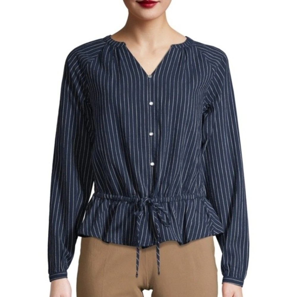 EUC Time & Tru women's stripped long sleeve top shirt blouse, M, Navy white